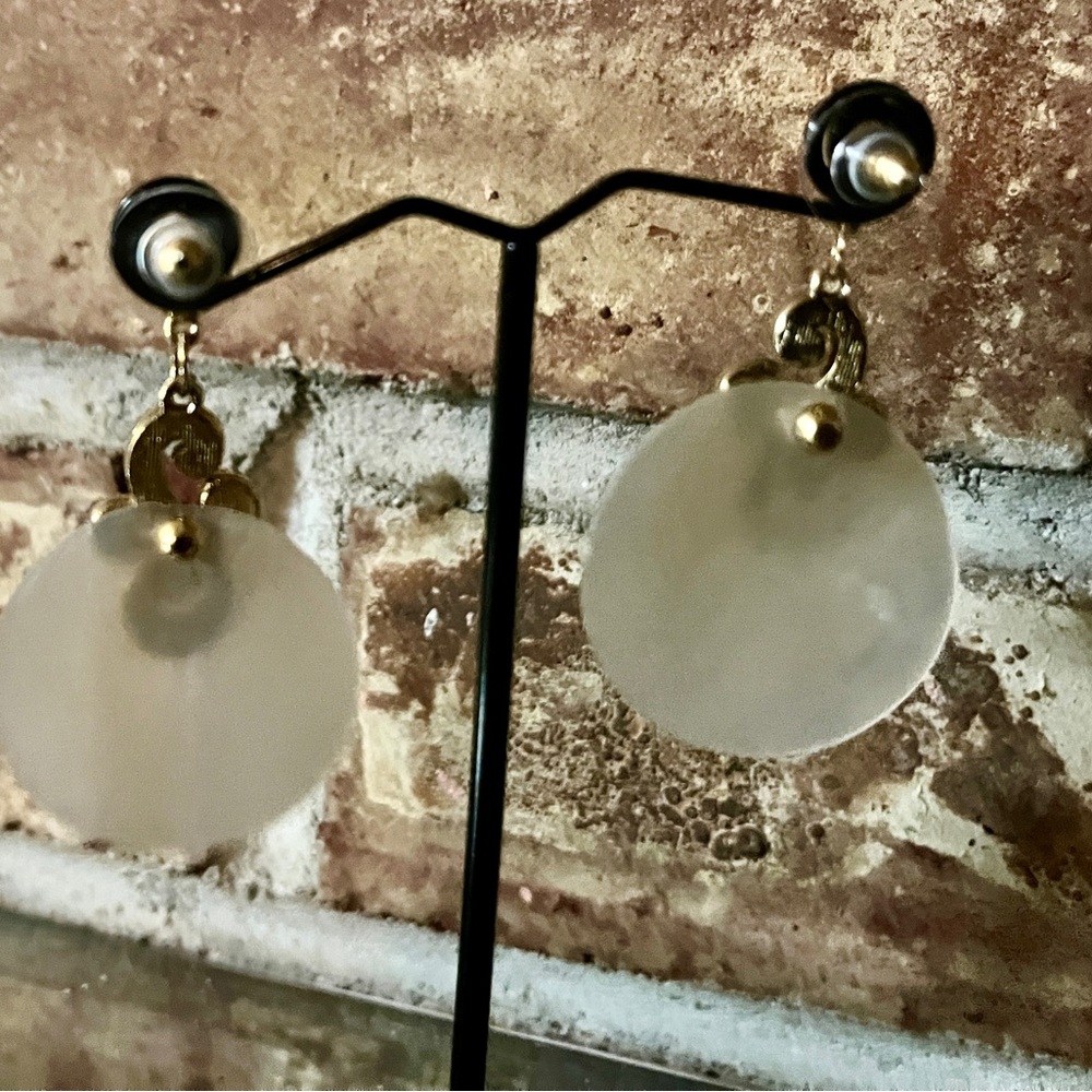 Gold and White Dangle Earrings - Picture 3 of 3